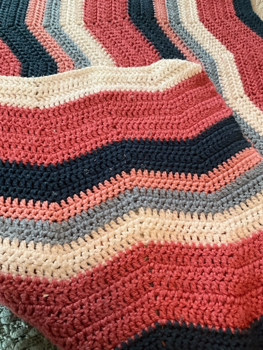 Handmade Afghan Crochet navy, mauve, white, pink blue zig zag stitch 41x46 - Picture 4 of 6